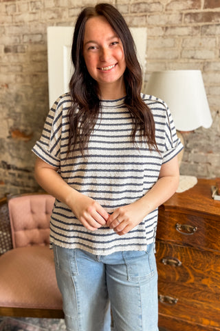 Denim Striped Jacquard Round Neck Box Top (+Curvy)