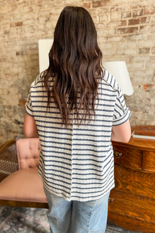 Denim Striped Jacquard Round Neck Box Top (+Curvy)