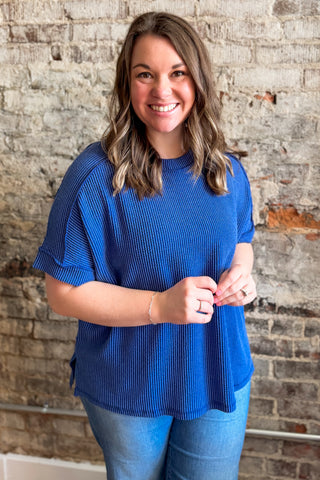 Classic Blue Raised Rib Cuffed Sleeve Raw Edge Top (+Curvy)