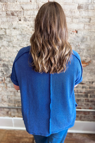 Classic Blue Raised Rib Cuffed Sleeve Raw Edge Top (+Curvy)