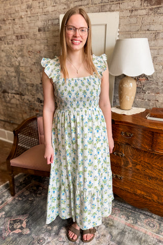 Blue Floral Tile Patterned Smocked Midi Dress