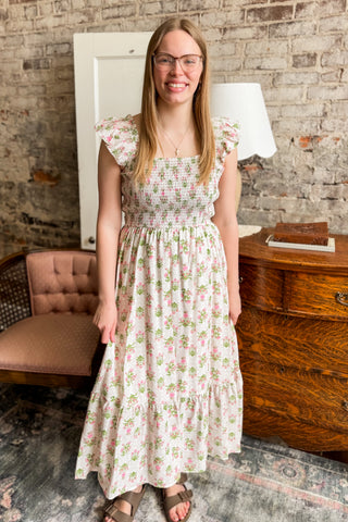 Pink Floral Tile Patterned Smocked Midi Dress