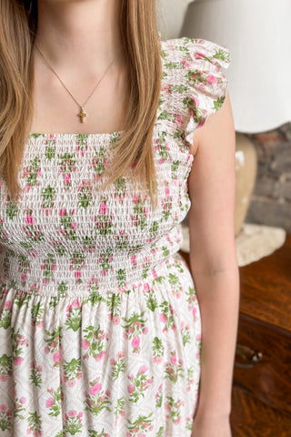 Pink Floral Tile Patterned Smocked Midi Dress