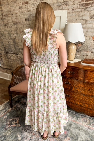 Pink Floral Tile Patterned Smocked Midi Dress