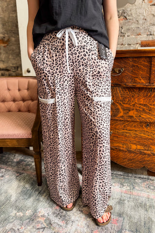Leopard Print Wide Leg Terry Knit Pants