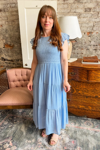 Light Chambray Tiered Smocked Midi Dress