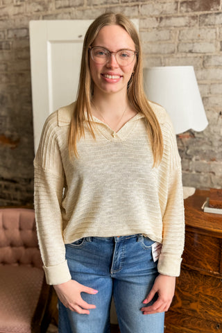 Ivory Collared V-Neck Textured Top