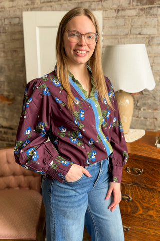 Eggplant Floral Contrast Trim Blouse