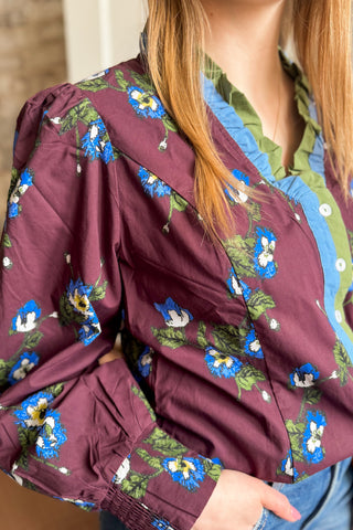 Eggplant Floral Contrast Trim Blouse