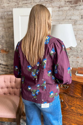 Eggplant Floral Contrast Trim Blouse