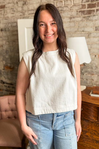 White Denim Sleeveless Tank Layering Top