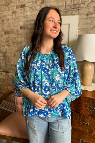 Blue Paradise Bell Sleeve Blouse
