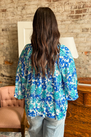 Blue Paradise Bell Sleeve Blouse