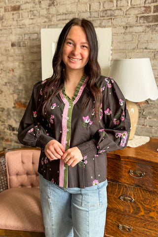Black Floral Contrast Trim Blouse