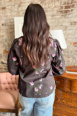 Black Floral Contrast Trim Blouse