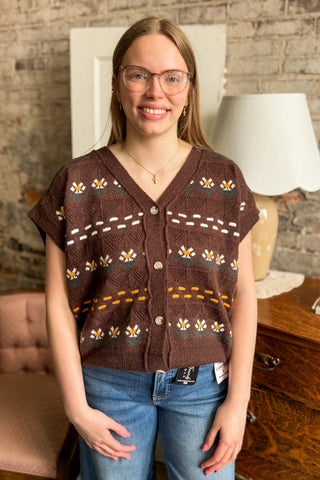 Brown Daisy Print Knit Sweater Vest