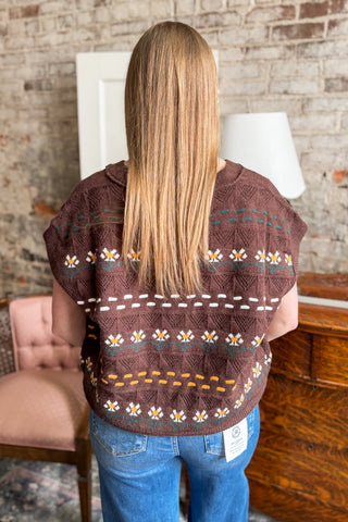 Brown Daisy Print Knit Sweater Vest