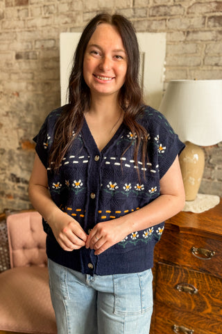 Navy Daisy Print Knit Sweater Vest