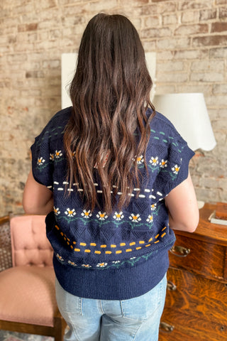Navy Daisy Print Knit Sweater Vest