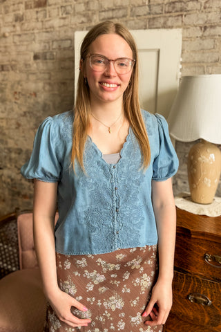 Chambray Scallop Trim Embroidery Detailed Button Down Top