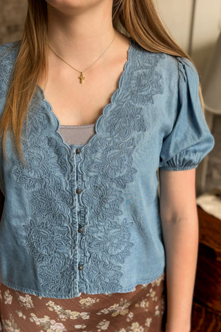 Chambray Scallop Trim Embroidery Detailed Button Down Top
