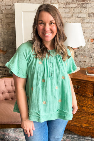 Mint Floral Embroidery Gauze Knit Top