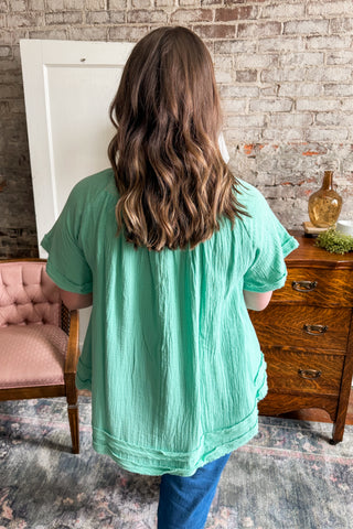 Mint Floral Embroidery Gauze Knit Top