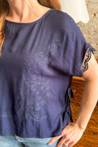 Navy Lace Trim Side Tie Top