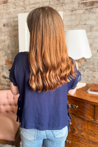 Navy Lace Trim Side Tie Top