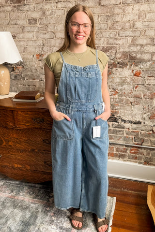 Denim Tie Back Wide Legged Cropped Overalls