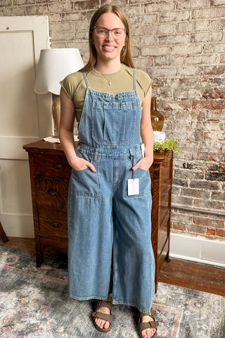 Denim Tie Back Wide Legged Cropped Overalls