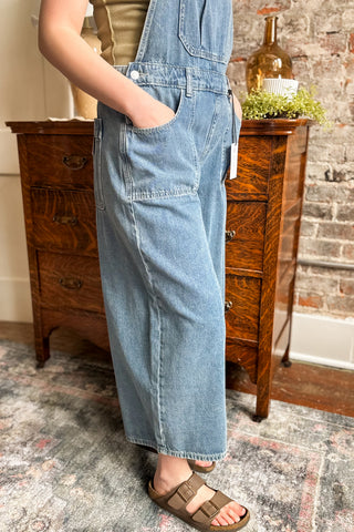 Denim Tie Back Wide Legged Cropped Overalls