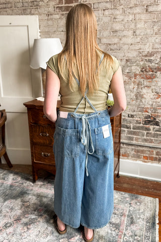 Denim Tie Back Wide Legged Cropped Overalls
