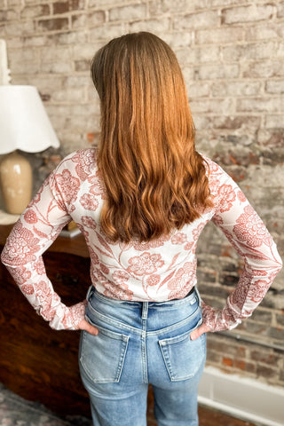 Floral Print Mesh Thumbhole Long Sleeve Top
