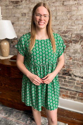 Kelly Green Floral Print Babydoll Dress