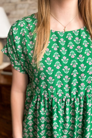 Kelly Green Floral Print Babydoll Dress