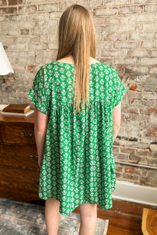 Kelly Green Floral Print Babydoll Dress