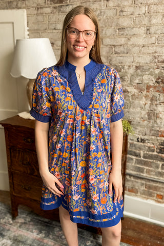 Gracy Navy Floral Trimmed Dress