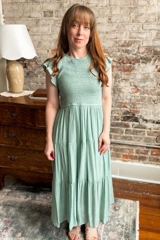 Sage Tiered Smocked Midi Dress