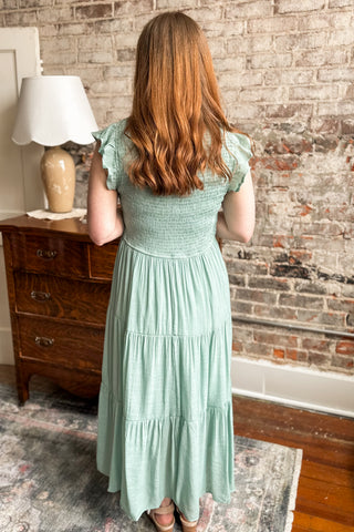 Sage Tiered Smocked Midi Dress