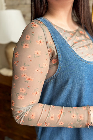 Green Vintage Floral Mesh Long Sleeve