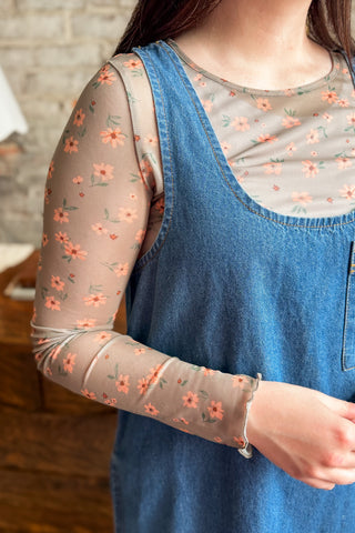 Green Vintage Floral Mesh Long Sleeve