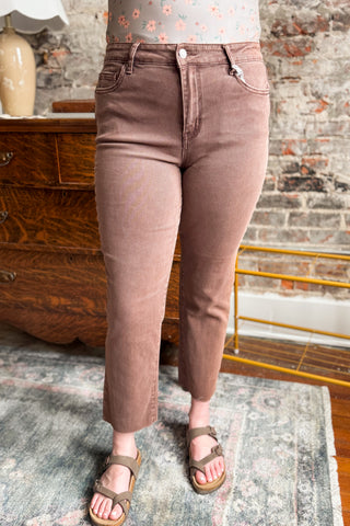 Brown Acid Wash Cropped Raw Edge Straight Pant