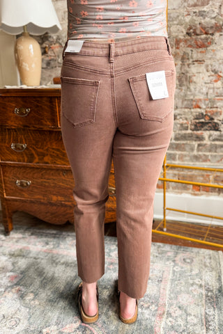 Brown Acid Wash Cropped Raw Edge Straight Pant