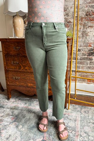 Dark Olive Acid Wash Cropped Raw Edge Straight Pant