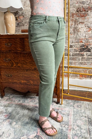 Dark Olive Acid Wash Cropped Raw Edge Straight Pant