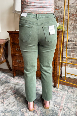 Dark Olive Acid Wash Cropped Raw Edge Straight Pant