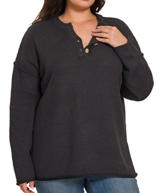 Black Quarter Button Sweater Top (+Curvy)