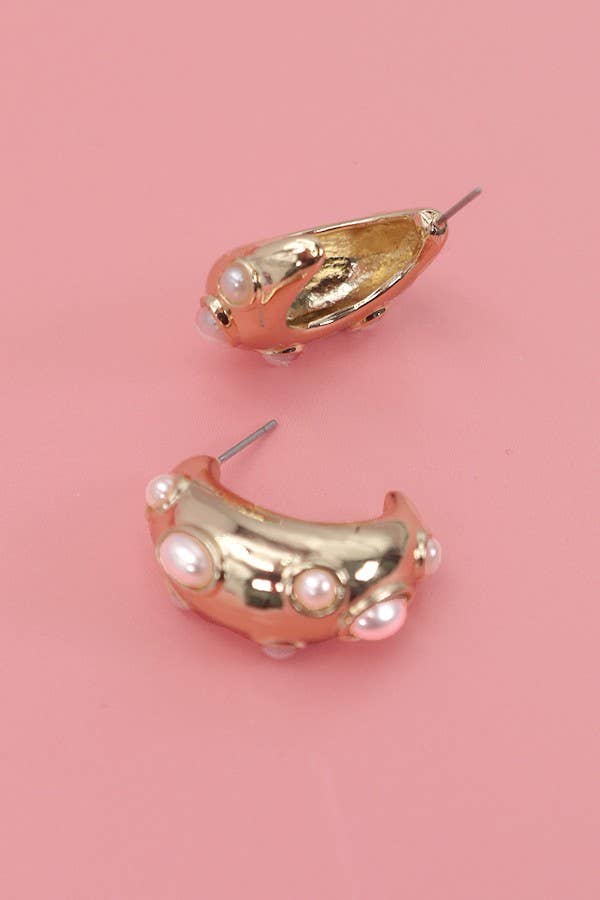 Gold Pearl Studded Huggie Earrings