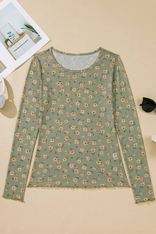 Green Vintage Floral Mesh Long Sleeve